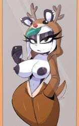 anthro anthro_female anthro_focus anthro_only big_breasts breasts christmas eyelashes eyeliner eyeshadow female female_focus female_only furry furry_female furry_only green_highlights hourglass_figure hourglass_figured_female medium_hair mirror mirror_selfie nelljoestar nipples onesie original original_character phone red_nose reindeer reindeer_antlers reindeer_costume reindeer_tail rudolph_the_red_nosed_reindeer selfie siu_lin_(nelljoestar) tail white_hair