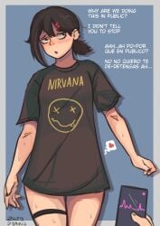 1girls 2023 artist_signature black-haired_female black_hair black_hair_female blank_background blue_background blush chainsaw_man dialogue ear_piercings english_dialogue english_text hairpins heart higashiyama_kobeni looking_to_the_side nervous nervous_female nirvana_logo piercings ponytail shirt spanish_dialogue spanish_text test text vibrator_controller vibrator_in_pussy zero_dead_zone