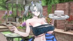 1girls 3d alternate_breast_size arias_the_labrynth_butler bandage blue_eyes demon demon_girl demon_horns duel_monster erect_nipples female fringe hi_res huge_breasts koiking_(artist) large_breasts light_skin model monocle navel pointy_ears ponytail pose ribbons semi_nude silver_hair solo standing younger_female yu-gi-oh!