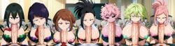 ai_generated blowjob hagakure_tooru_(visible) kyoka_jiro large_breasts large_penis large_testicles mei_hatsume mina_ashido momo_yaoyorozu my_hero_academia ochako_uraraka pasties school_uniform tagme tsuyu_asui ua_school_uniform