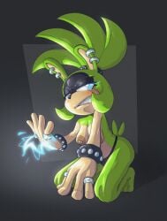 blue_eyes blush electricity embarrassed embarrassed_nude_female green_fur kneeling nipple_piercing nipples piercing ring ring_(jewelry) sonic_(series) sonic_the_hedgehog_(idw) sonic_the_hedgehog_(series) starstash surge_the_tenrec thong tomboy topless tsundere