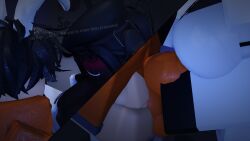 1boy 1girls 3d breasts bulge clothed cometrr34 d-class dark-skinned_female dialogue english_text everytoo grabbing_penis hung_trap light-skinned_male prisoner roblox robloxian scp_foundation source_request tagme text