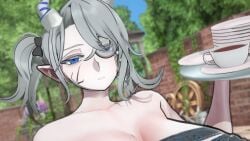 1girls 3d arias_the_labrynth_butler bandage blue_eyes closed_mouth demon demon_girl demon_horns duel_monster female female_focus female_only focus fringe hi_res huge_breasts koiking_(artist) light_skin model monocle pointy_ears ponytail pose ribbons safe semi_nude silver_hair solo standing younger_female yu-gi-oh!