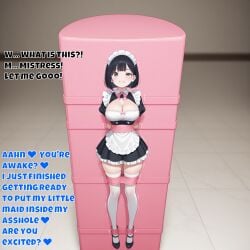 ai ai_assisted ai_generated black_eyes black_hair bob_cut bondage bound bound_arms bound_legs cleavage english english_dialogue english_text fartcocony human_dildo large_breasts maid maid_apron maid_headdress maid_outfit maid_uniform slave slave_girl sweat text wrapped wrapped_body