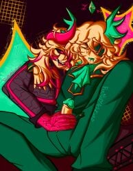 2boys batteryacidcandy burn_scar clothed_sex colored_tips colored_tongue colorful colorful_background drooling enemies_to_lovers enemies_with_benefits eyepatch handjob hate_sex horn horns implied_kiss inphernal long_hair_male medkit_(phighting) one_eye penis penis_out phighting ponytail roblox roblox_game robloxian saliva_trail scar self_upload sharp_teeth subspace_(phighting) teal_penis teal_tongue tongue_out unzipped_pants watermark white_hair yaoi