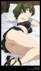 1girl, 4k, 8k, ai_generated anime_screencap, butt_view, cute, explicit_content, green_hair, hair_between_eyes, high_quality, lying, masterpiece, mature_female, medium_breasts medium_hair, mini_dress, nsfw, on_bed, on_side, perfect_body, perfect_feet, perfect_legs, polished_toenails, purple_eyes, sandals, sexy_outfit, side_ponytail, solo, sousou_no_frieren summer_top, thighs, ubel_(sousou_no_frieren)
