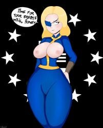 2026 big_breasts blonde_hair blue_eyes breast_exposed breasts breasts_out english_text fallout fallout_(series) polxnart_(artist) steph_harpe steph_harper stephanie_harper tagme text text_bubble vault_dweller vault_girl vault_suit