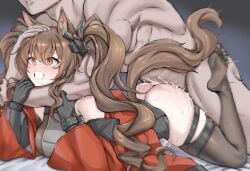 1boy absurdres angelina_(arknights) animal_ears arknights arknights:_endfield arm_around_neck bare_shoulders black_dress black_gloves black_thighhighs blush brown_eyes brown_hair clenched_teeth clothed_female_nude_male commentary_request cum cum_in_pussy daram_(shappydude) dress female fox_ears fox_girl fox_tail gilberta_(arknights) gloves hair_between_eyes hand_on_another's_arm hand_on_another's_head highres jacket muscular muscular_male no_shoes nude prone_bone pussy_juice red_jacket rough_sex saliva sex sleeveless sleeveless_dress straight strangling tail teeth thighhighs twintails