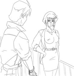 1girls alice_miller breasts female gundam gundam_08th_ms_team human large_breasts male monochrome nipples short_hair sketch skirt sos_(soshimi) unseen_male_face