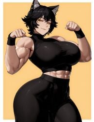 1girls abs ai_generated black_hair cat_ears cat_pose huge_breasts kali_belladonna large_breasts lipstick muscular_female procyon_ai rwby solo_female tight_clothing wide_hips
