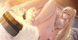 azur_lane bangs barefoot bath bathing blonde_hair blush breasts bucket closed_mouth convenient_censoring covering crossed_legs eyebrows_visible_through_hair feet female foreshortening guam_(azur_lane) hair_between_eyes hair_ornament hand_on_own_chest indoors large_breasts long_hair looking_at_viewer naked_towel nude nude_cover onsen original ponytail purple_eyes sideboob sidelocks sitting smile soap_bubbles solo steam thighs toes towel very_long_hair virtual_youtuber wet