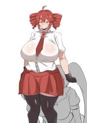 2girls absurd_res blush eating_ass embarrassed fringe gloves grabbing_ass hatsune_miku head_on_ass hi_res huge_breasts kasane_teto large_breasts legwear looking_at_viewer palaeblue plump red_eyes red_hair short_hair sitting skirt standing sweatdrop thighhighs thighs tie twin_drills twintails uniform vocaloid white_background