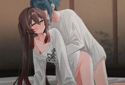 ai-generated ai_generated hu_tao_(genshin_impact) non-web_source oversized_clothes oversized_shirt sex sex_from_behind shirt xingqiu_(genshin_impact)
