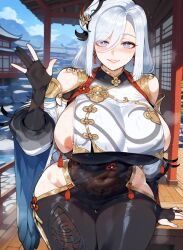 1girls ai_generated bare_shoulders before_sex belly big_ass big_breasts big_butt big_hips big_thighs blue_eyes blue_sky blush boobaai breasts chinese_clothes city city_background clothing curvaceous curvaceous_female curvaceous_figure curvy curvy_figure deep_skin earrings erect_nipples female female_focus female_only genshin_impact groping hair_between_eyes hair_ornament horny horny_female huge_ass huge_breasts huge_butt huge_thighs large_ass large_breasts light-skinned_female lips looking_at_viewer nipples nipples_outside nipples_visible_through_clothing outdoors parted_lips sexy shenhe_(genshin_impact) sideboob sky smile solo solo_focus straight sweat toned_stomach twitter_link upper_body voluptuous voluptuous_female waving waving_at_viewer white_hair wide_hips