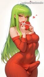1futa 2026 ai_assisted ai_generated anime artist_name blush box breasts bulge bust c.c. cock code_geass dick erection explicit futanari gift gift_box green_hair hi_res high_quality high_resolution highres long_hair newhalf off_shoulder patreon patreon_username penis solo stable_diffusion sweater testicles tsukoneko valentine valentine's_day valentines_day watermark yellow_eyes