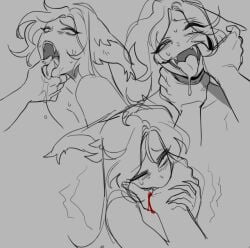 1girls ahe_gao ahegao_face animal_ears asphyxiation bite bite_mark bite_marks biting biting_finger blood blood_drip choking crazy_eyes crazy_smile fangs foxtrot_(glacierclear) glacierclear saliva saliva_drip saliva_on_tongue saliva_trail sharp_teeth strawberry_cheesecake_(glacierclear) teeth teeth_showing tongue tongue_out