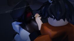 1boy 1girls 3d big_breasts big_penis blush breasts cleavage clothing cometrr34 d-class dark-skinned_female dialogue english_text everytoo hung_trap light-skinned_male penis prisoner roblox robloxian scp_foundation source_request tagme text