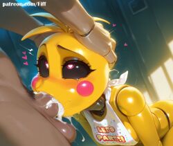 1boy 1girls ai_generated blowjob chica_(fnaf) cum cumming deepthroat dripping feet female fiff five_nights_at_freddy's five_nights_at_freddy's_2 furry furry_female furry_only highres naked nude pussy smiling sweat tail toy_chica_(fnaf) vagina