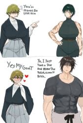 angry angry_expression bigger_male black_hair blonde_hair busty busty_female compression_shirt cousins curves curvy curvy_female dominant_male genderswap green_hair hand_on_hip hearts_around_head hip_windows horny horny_expression horny_female hourglass_figure huge_breasts incest jujutsu_kaisen kimono muscular muscular_male no_nudity nose_blush nosebleed nyan_somoe oppai pointing_at_another rule_63 scar_across_mouth scars scars_on_body smaller_female submissive_female suggestive talking_to_another toji_fushiguro wide_hips wide_thighs zenin_maki zenin_naoya