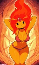 adventure_time ai ai-created ai_art ai_generated arms_behind_head bikini bikini_bottom bikini_top breasts elemental_humanoid female_focus fire fire_creature flame flame_princess flames flaming_hair orange_body pixai princess red_bikini red_hair sexy sexy_body sexy_pose swimsuit swimwear