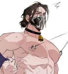 bell_collar bi-han male_only masked_male mortal_kombat mortal_kombat_1_(2023) nipple_clamp_pull nipple_clamps solo_male sub-zero