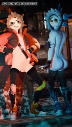 3d_(artwork) addoncomplete86 anthro ass cabin clothing clothing_pull cold_fusion_(fortnite) digital_media_(artwork) duo elemental_creature elemental_humanoid epic_games femboy fortnite genitals hi_res humanoid male mostly_nude penis presenting presenting_penis sunspot_(fortnite) winter