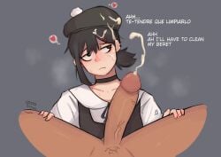 1girls 2023 2d 2d_(artwork) alternate_version_available artist_name artist_signature beret big_penis black-haired_female black_hair black_hair_female blank_background brown-haired_female brown_hair brown_hair_female chainsaw_man choker clothed_female clothed_female_nude_male cum cum_on_face cum_on_hat cum_on_headwear dialogue english_text gray_background grey_background hairpin hairpins hands_on_legs heart higashiyama_kobeni looking_to_the_side male_pubic_hair penis penis_vein pov pubic_hair slight_blush spanish_text text zero_dead_zone