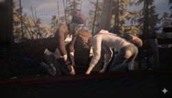 2girls 3d ai_assisted ai_generated beanie bent_over blue_hair brown_hair brunette butt_cheeks chloe_price edited_screencap female google_gemini hole_in_pants human human_female human_only kneeling life_is_strange light-skinned_female light_skin max_caulfield multiple_girls no_panties official_style outdoors outside ripped_clothing ripped_pants short_hair torn_clothes torn_clothing torn_pants wardrobe_malfunction