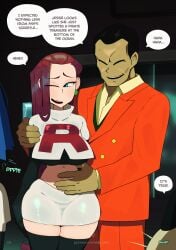 1girl 2boys ashamed big_pussy black blue_eyes comic dark_background doubt_(thedo_ubt) earrings ecchi english_text facial female formal giovanni_(pokemon) gloves grabbing_from_behind hair holding huge_breasts james_(pokemon) jessie_(pokemon) large_breasts legwear long_hair looking_at_viewer meowth milf navel night page_1 pokemon red_hair red_lipstick skindentation skirt smile speech_bubble standing straight suit sweat sweating team_rocket team_rocket_uniform thick_thighs thighhighs thighs wink