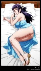 1girl, 4k 8k ai_generated anime anime, ass bangs, bed, body body, bow, brown content, dress explicit eyes, face feet, female, full hair hair, jujutsu jujutsu_kaisen kaisen legs, long lying, masterpiece, mature nsfw, on outfit, perfect polished, purple quality, resolution, sandals, scar screencap, sexy side, sidelocks, solo, style, summer thighs, toenails top, updo, utahime, utahime_iori view, white wispy