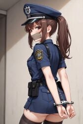 1girls ai_generated arms_tied_behind_back bondage brown_eyes brown_hair fake_art gag gagged handcuffed looking_back_at_viewer police_hat police_uniform policewoman tape_gag thighhighs