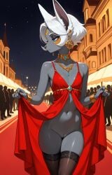 1girls 2026 ai_generated anthro blue_eyes bracelet choker crowd dress dress_lift ear_piercing eyeshadow fancy_clothing female female_only flat_chest gold_jewelry grey_body half-closed_eyes hi_res innie_pussy jewelry mineru necklace night nintendo no_panties pussy red_carpet short_hair the_legend_of_zelda the_legend_of_zelda:_tears_of_the_kingdom thighhighs walking white_hair zonai zonoya_(artist)