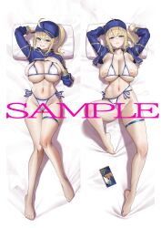absurdres ahoge arms_behind_head artoria_pendragon_(fate) barefoot baseball_cap belt bikini blonde_hair blue_eyes blue_hat blue_jacket breasts cellphone clothing_aside commentary_request dakimakura_(medium) fate/grand_order fate_(series) female from_above full_body hat highres jacket mysterious_heroine_xx_(fate) navel nipples no_shoes open_mouth phone ponytail pussy_juice sample_watermark smartphone smile solo string_bikini swimsuit swimsuit_aside thigh_belt thigh_strap toes underboob uo_denim watermark white_bikini
