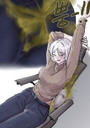 blue_eyes fart faust_(limbus_company) limbus_company project_moon stretching sweater tagme white_hair