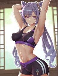 1girls ai_generated big_ass big_breasts floresai gym_uniform keqing_(genshin_impact) looking_at_viewer medium_breasts patreon patreon_url patreon_username perky_breasts