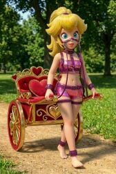 1girls 3d ai_generated ankle_cuffs barefoot blonde_female blonde_hair blue_eyes dirt_path forest forest_background harness heart_shape light_skin mario_(series) pink_clothing ponygirl ponyplay ponytail princess_peach pulling_carriage shiny_clothes shorts skintight_clothing tubetop wrist_cuffs