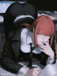 ai_generated all_fours artist_name ass bent_over black_coat black_jacket black_necktie black_pants black_suit blunt_bangs braid braided_ponytail breasts business_suit chainsaw_man chair closed_mouth coat collared_shirt desk dress_shirt female formal full_body hand_on_own_chin indoors jacket large_breasts long_hair long_sleeves looking_at_viewer makima_(chainsaw_man) medium_breasts medium_hair mionety necktie office_lady orange_eyes pants patreon_username pen red_hair ringed_eyes shirt sidelocks simple_background single_braid smile solo suit tongue tongue_out web_address white_shirt yellow_eyes