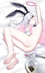 absurdres alcohol animal_ear_hairband animal_ears armpits barefoot blue_archive blush bow bowtie butt_plug censored colored_inner_hair commentary_request detached_collar duplicate fake_animal_ears female grey_eyes grey_hair hairband hairbow halo heart heart_censor high_heels highres long_hair lying multicolored_hair nipples nude on_side otakummm pink_hair pixel-perfect_duplicate plana_(blue_archive) pussy rabbit_ear_hairband rabbit_ears rabbit_tail sex_toy solo tail tray