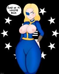 2026 background big_breasts blonde_hair blue_eyes breast_exposed breasts breasts_out enclave_(fallout) fallout fallout_(series) polxnart_(artist) spanish_text steph_harpe steph_harper stephanie_harper tagme text text_bubble vault_dweller vault_girl vault_suit