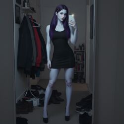 alien_girl black_dress blue_skin cyberpunk hair_clips high_heels holding_phone long_hair looking_at_viewer messy_room mini_dress mirror_selfie pale_skin purple_hair sleeveless_dress standing