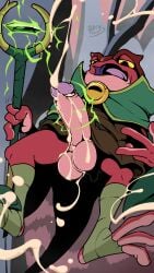 9:16 absolum_(game) amphibian anthro arty_the_frog balls bodily_fluids brome_(absolum) cape clothing cum cumshot ejaculation frog genital_fluids genitals hi_res magic magic_user male mowlai penis pinup pose solo staff wizard_robe