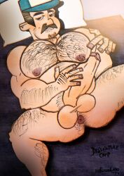 anus big_penis bitting_lip body_hair chubby_male coolado disventure_camp disventure_camp:_carnival_of_chaos facial_hair hat laying_on_bed male_only richard_(disventure_camp) richard_miller tagme