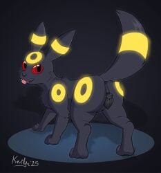 2025 animal_genitalia animal_vulva anus blep canine_genitalia canine_vulva eeveelution facial_markings female feral fluffy fluffy_tail forehead_markings generation_2_pokemon genitals head_markings hi_res kerilyn looking_at_viewer looking_back looking_back_at_viewer markings nintendo paws pokemon pokemon_(species) protruding_teeth quadruped rear_view ring_(marking) signature smile solo tail tail_markings tongue tongue_out umbreon