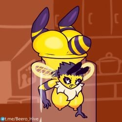 anthro arthropod arthropod_abdomen beero_the_bee big_breasts big_butt breasts butt compound_eyes female hi_res insect insect_wings nipples pinup pose solo stuck tongue wings