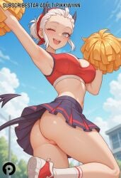 ;d ai_generated arm_up armpits ass blush breasts cheerleader cleavage cleft_of_venus day demon_girl demon_horns demon_tail female grey_eyes helltaker holding holding_pom_poms horns justice_(helltaker) large_breasts looking_at_viewer midriff miniskirt navel no_panties one_eye_closed open_mouth outdoors pikkiwynn pleated_skirt pom_pom_(cheerleading) pussy shoes short_hair skirt smile sneakers socks solo tail white_hair