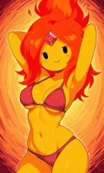 adventure_time ai ai-created ai_art ai_generated arms_behind_head bikini bikini_bottom bikini_top breasts elemental_humanoid female_focus fire fire_creature flame flame_princess flames flaming_hair orange_body pixai princess red_bikini red_hair sexy sexy_body sexy_pose swimsuit swimwear