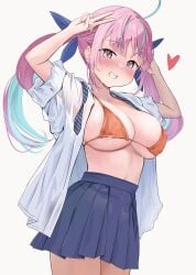 :d absurdres ahoge aqua_hair arm_up blue_ribbon blue_sky blunt_bangs blush bra braid breasts cleavage colored_inner_hair commentary_request cowboy_shot drill_hair female grin hair_ribbon heart highres hololive large_breasts long_hair looking_at_viewer minato_aqua miniskirt mochiki_927 multicolored_hair necktie open_clothes open_mouth open_shirt orange_bra pink_hair pleated_skirt purple_eyes ribbon school see-through_clothes see-through_shirt shirt simple_background skirt sky sleeves_rolled_up smile solo streaked_hair twin_drills two-tone_hair underwear undone_necktie v virtual_youtuber white_background white_shirt