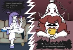 1boy 2d 2d_(artwork) 2girls ass bed_sex bedroom bedroom_sex big_ass blush blushing_female carmen_(spooky_month) cheesyboy888 cigar couch covered_nipples eating_food food_in_mouth lila_(spooky_month) looking_at_phone nude nude_female nude_male nudity panels phone plap plapping plapping_big_butt popcorn richard_(spooky_month) robe slippers spooky_month tagme text text_box texting texting_during_sex watermark