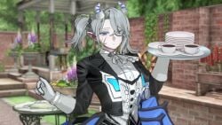 1girls 3d arias_the_labrynth_butler blue_eyes closed_mouth clothed clothing demon demon_girl demon_horns duel_monster female female_only fringe gloves hi_res huge_breasts koiking_(artist) light_skin model monocle necktie pointy_ears ponytail pose safe safe_for_work silver_hair solo standing younger_female yu-gi-oh!