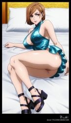 1girl, 4k 8k ai_generated anime anime, ass bangs, bed, body body, brown content, dress explicit eyes, feet, female, full high jujutsu jujutsu_kaisen kaisen kugisaki_nobara legs, lying, masterpiece, mature nsfw, on outfit, perfect polished, quality, resolution, sandals, screencap, sexy side, sidelocks, solo, style, summer thighs, toenails top, view, wispy